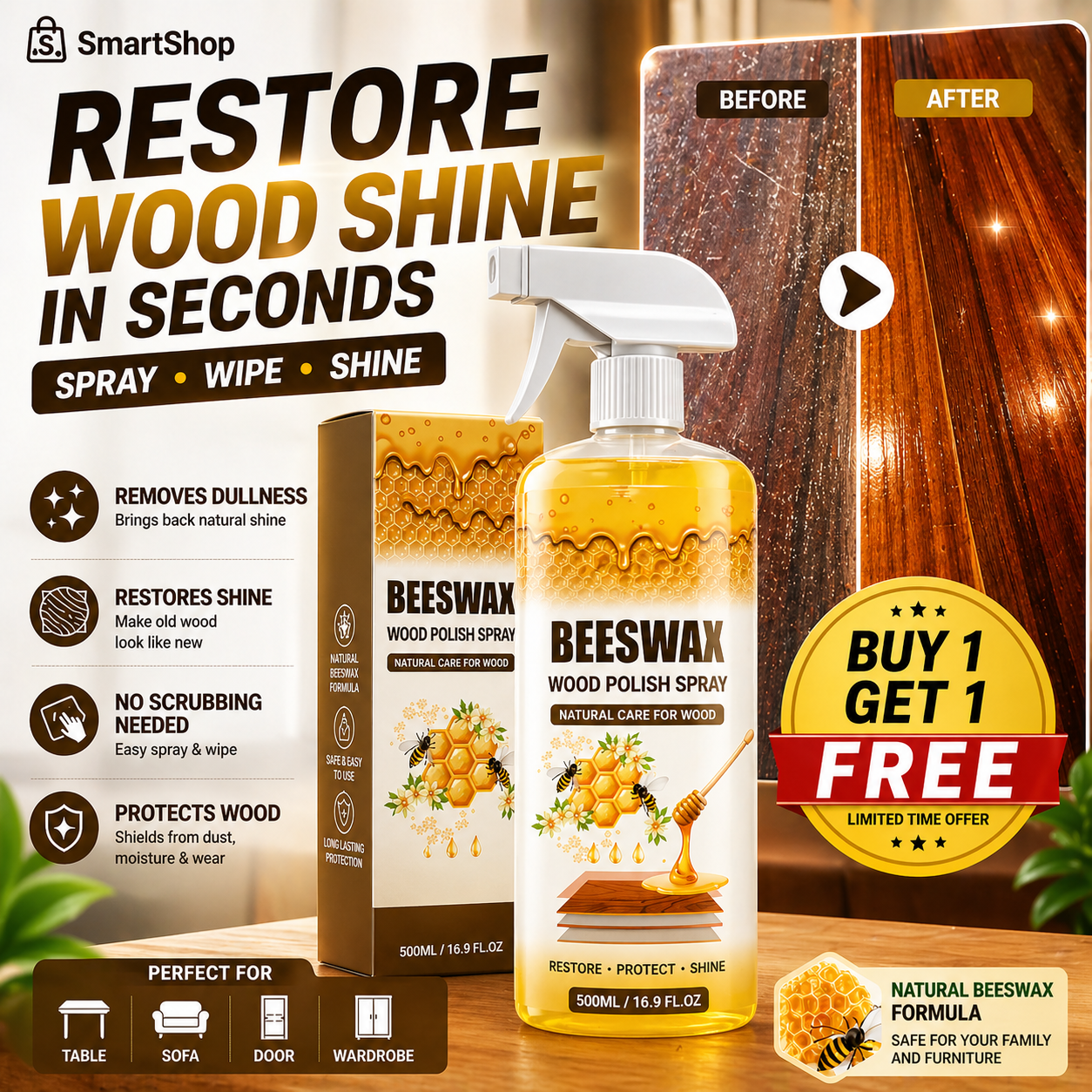 Beeswax Wood Polish Spray | Restore Shine , Protect Furniture | BUY 1 GET 1 FREE