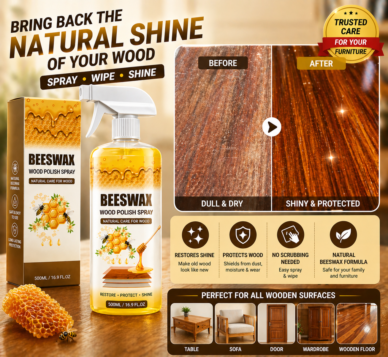 Beeswax Wood Polish Spray | Restore Shine , Protect Furniture | BUY 1 GET 1 FREE