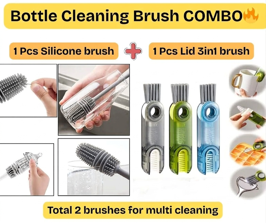 2-in-1 Bottle Cleaning Brush Set – Long Silicone Brush + Lid Cleaner